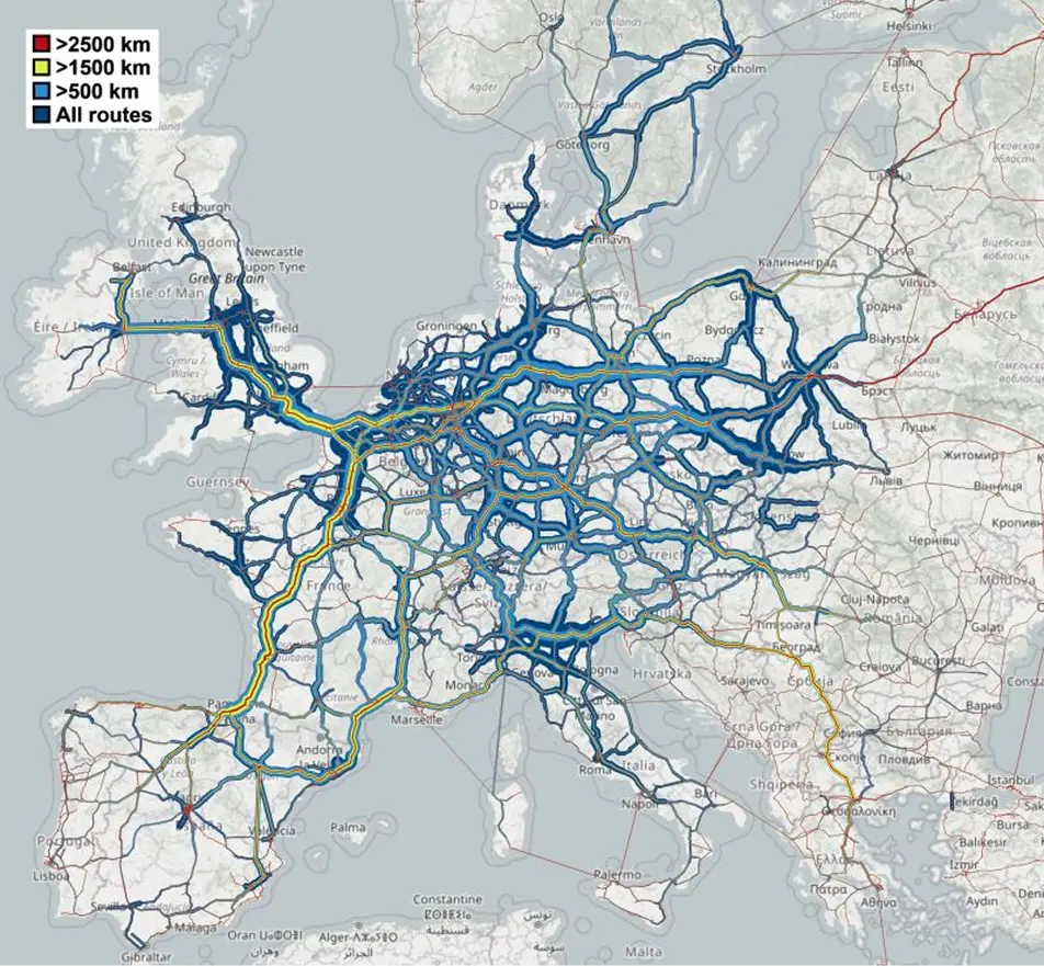 Mapa de recorridos logísticos en Europa